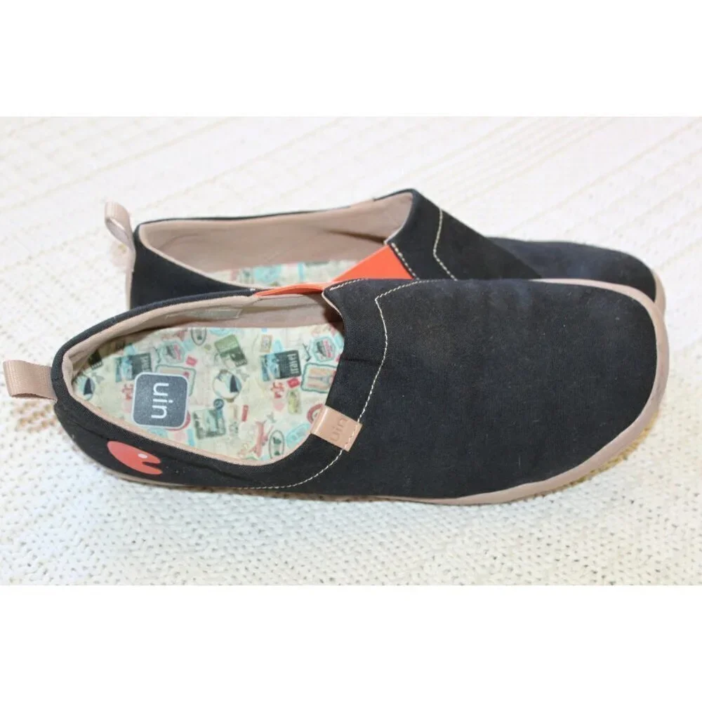 UIN Slip On Canvas Lightweight Flats Sneakers Size 11.5 Black Shoes elastic band
